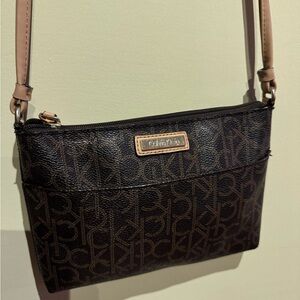 Calvin Klein Dark Brown Monogram Crossbody Bag with Tan Strap